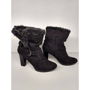Dana Buchman Women's Size 8.5 Ankle Boots Black Faux Fur Lined High Heel Zip Up